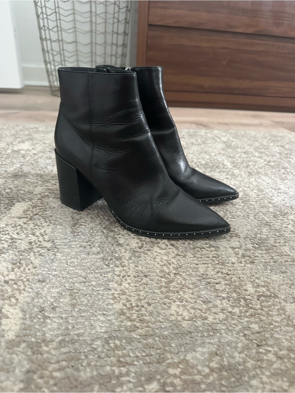 Tony Bianco Black Pointed Toe Studded Block Heel Ankle Boots